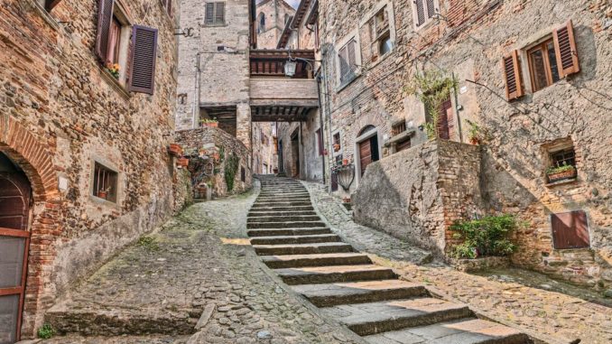 alley in the medieval village Anghiari, Arezzo, Tuscany, Italy