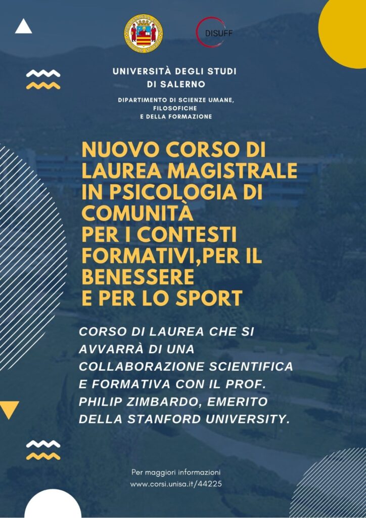 Studiare psicologia all’Università degli Studi di Salerno ora è possibile. Nuovo Corso di Laurea Magistrale in Psicologia di Comunità per i Contesti Formativi, per il Benessere e per lo Sport