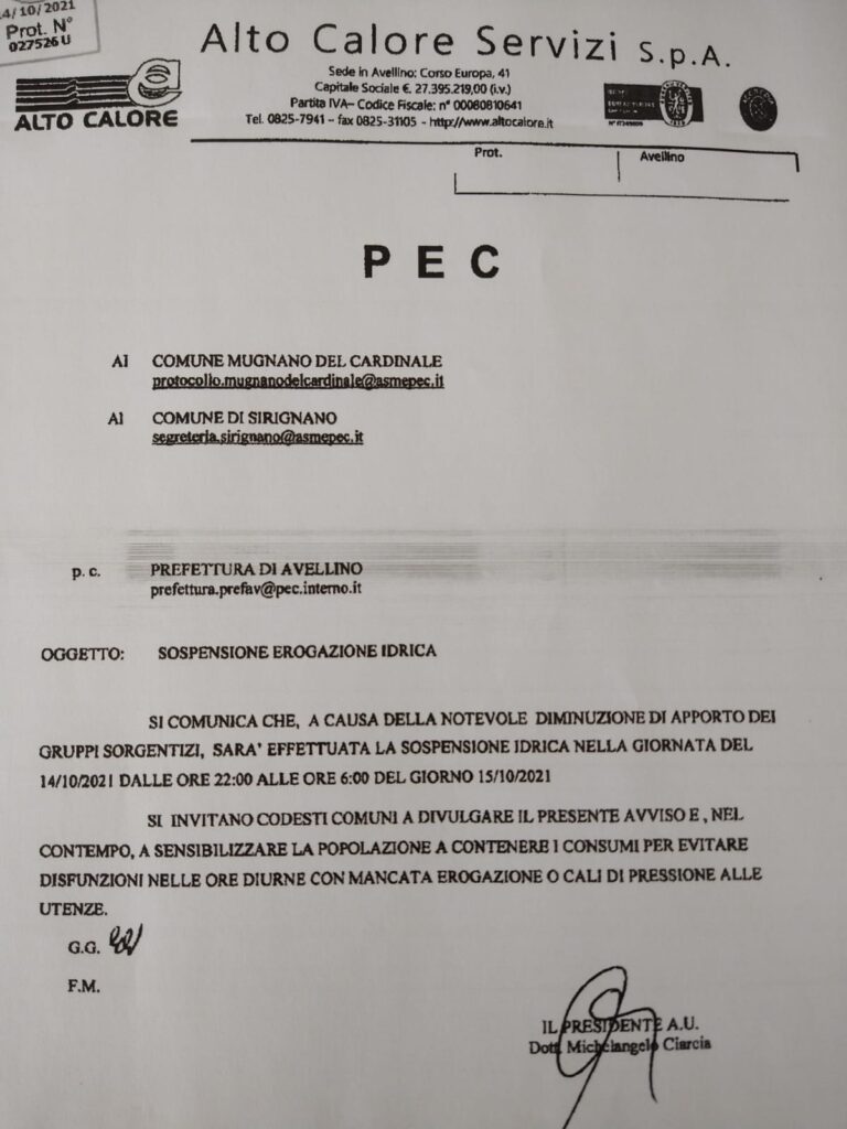 MUGNANO DEL CARDINALE   SIRIGNANO. Ancora carenza dacqua, questa sera rubinetti a secco