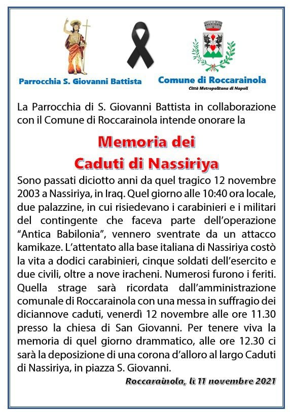 ROCCARAINOLA. La Parrocchia di S. Giovanni ricorda i caduti di Nassiriya