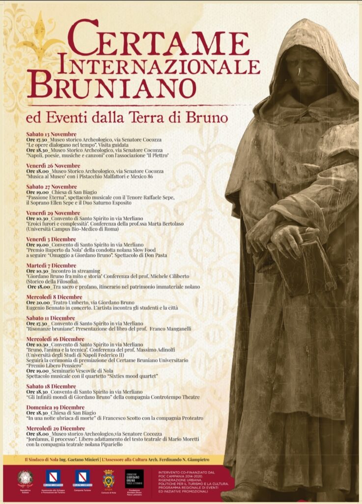 Nola. Certame Internazionale Bruniano, presentato il programma di eventi. Il comune premia le tesi di laurea magistrale e di dottorato su Bruno. In cartellone anche il concerto di Eugenio Bennato