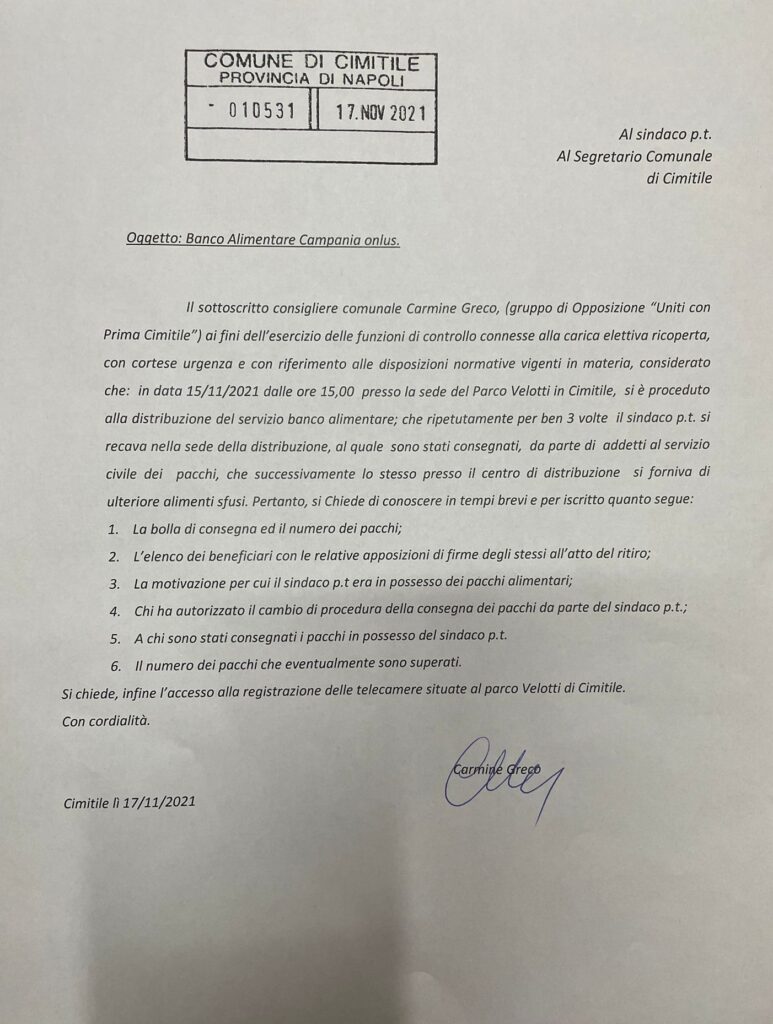 Cimitile. L’opposizione chiede chiarimenti al sindaco sulla distribuzione dei pacchi del banco alimentare.