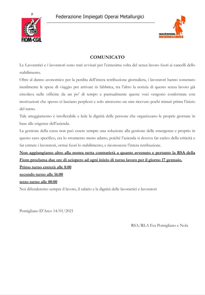 STELLANTIS POMIGLIANO. Operai rimandati a casa poco prima dell’inizio del turno: La FIOM annuncia lo sciopero.