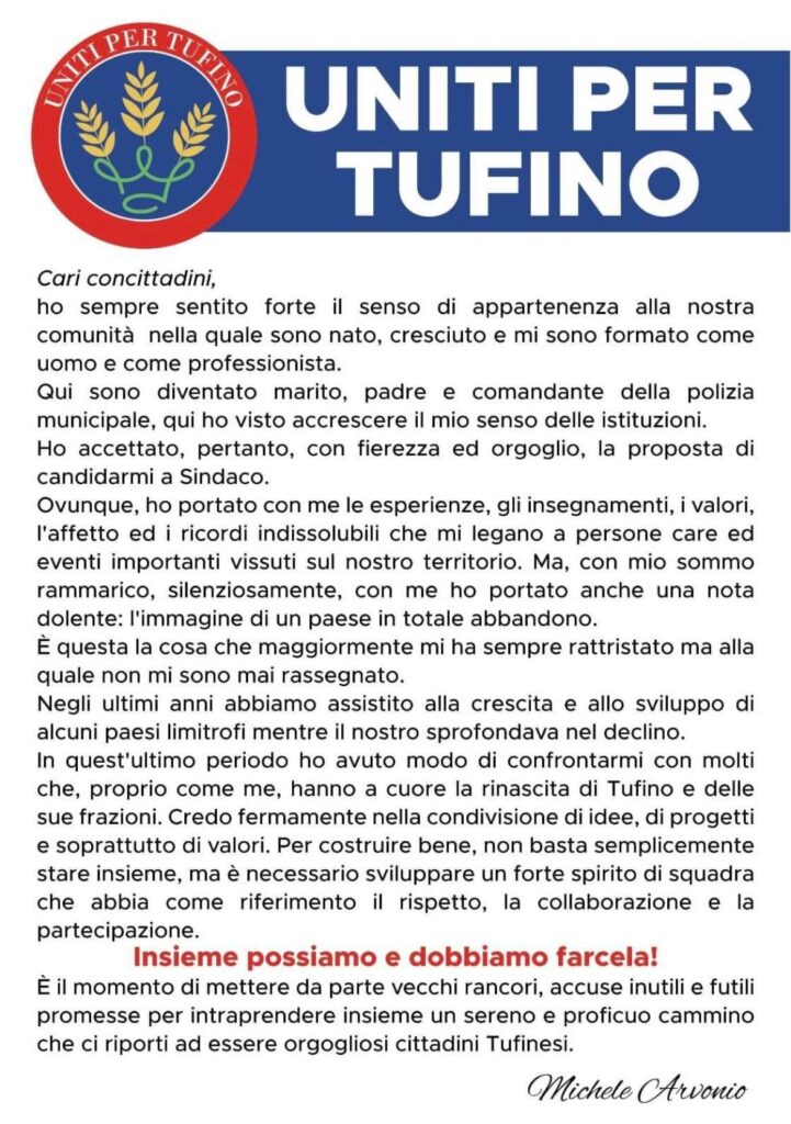 TUFINO. Un Comandante per risollevare le sorti del paese. Arvonio ufficializza la candidatura a sindaco