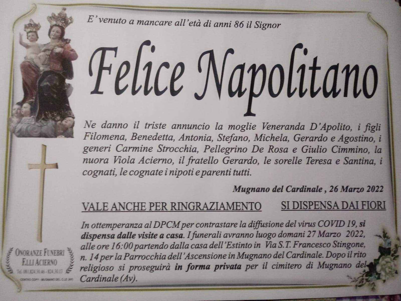 NON E PIU. Mugnano del Cardinale, lutto Felice Napolitano