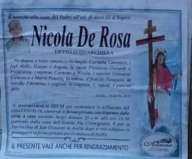 NON E PIU. Avella, lutto Nicola De Rosa anni 53