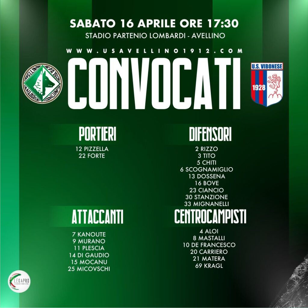 U.S. Avellino. I convocati per la gara di domani con la Vibonese.