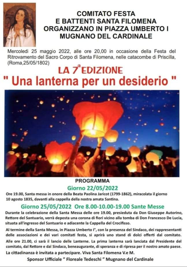 Mugnano Il 25 maggio VII edizione di Una lanterna per un desiderio Mugnano Il 25 maggio VII edizione di Una lanterna per un desiderio