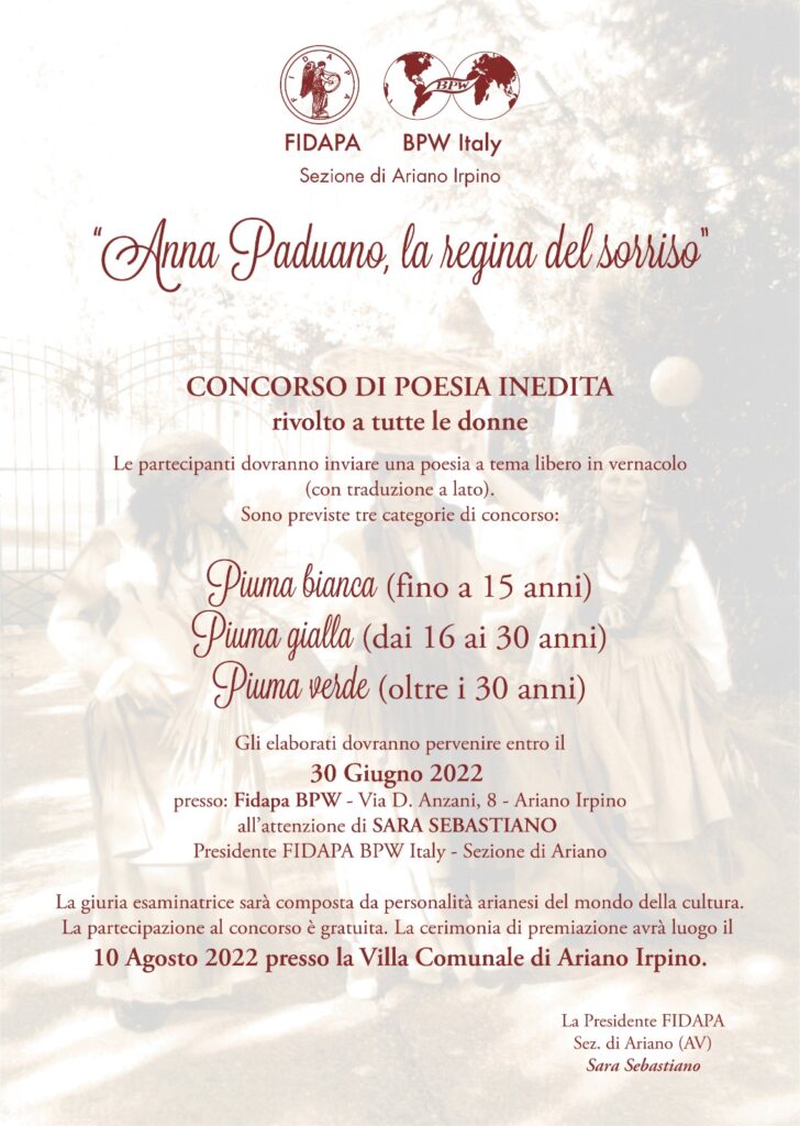 ARIANO IRPINO.  1ª Edizione del concorso di poesie inedite dedicato ad “Anna Paduano, la regina del sorriso”