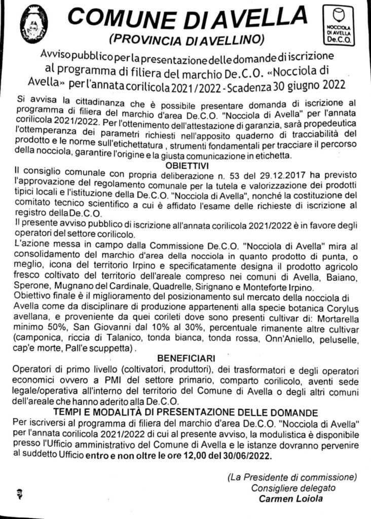 AVELLA.Nocciola di Avella, il Comune apre le iscrizioni al programma di filiera del marchio De.C.O.