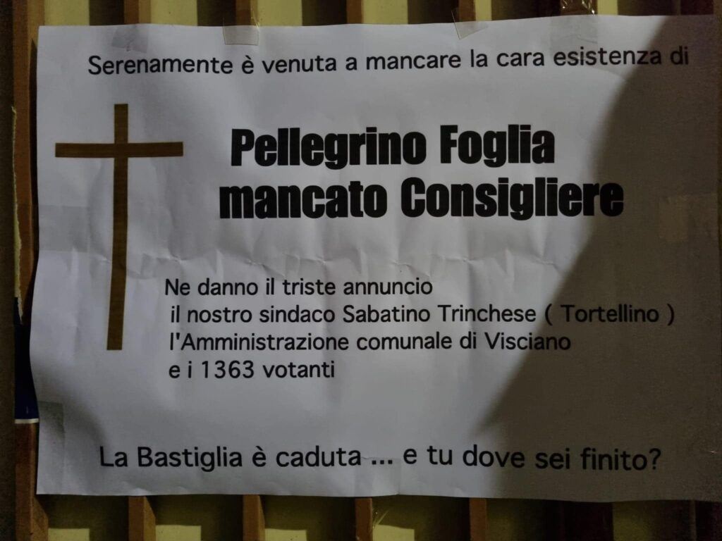 VISCIANO. Atto di cattivo gusto contro un giovane candidato non eletto. Un manifesto funebre ne annuncia la sua scomparsa