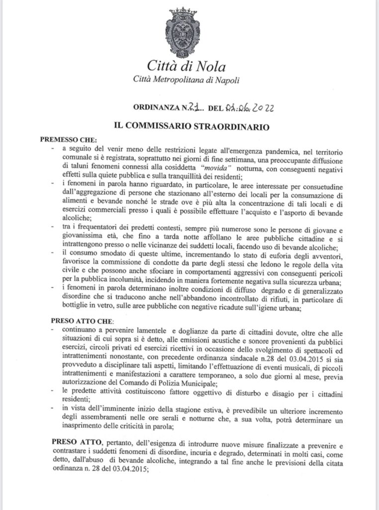 NOLA. Troppo caos e baccano nelle ore serali della movida, il Commissario anticipa la chiusura dei locali