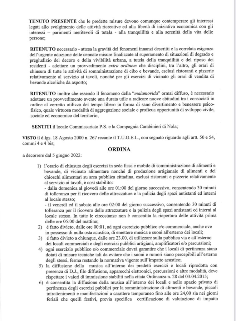 NOLA. Troppo caos e baccano nelle ore serali della movida, il Commissario anticipa la chiusura dei locali