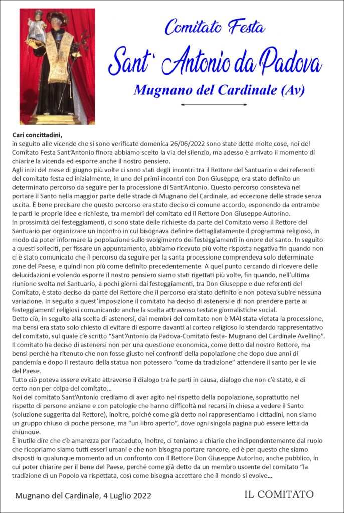 MUGNANO DEL CARDINALE. Il Comitato Festa SantAntonio da Padova chiarisce. Siamo disponibili ad un confronto con il Rettore