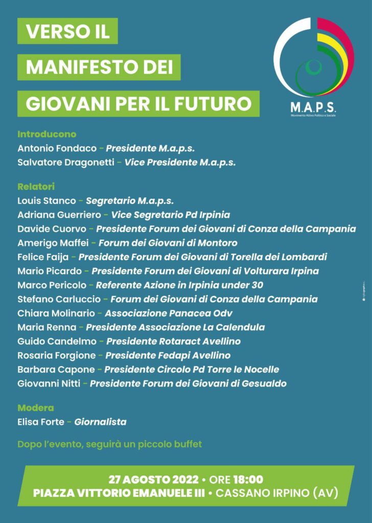 Verso il Manifesto dei giovani per il futuro, che si terrà sabato 27 Agosto dalle ore 18.00 a Cassano Irpino