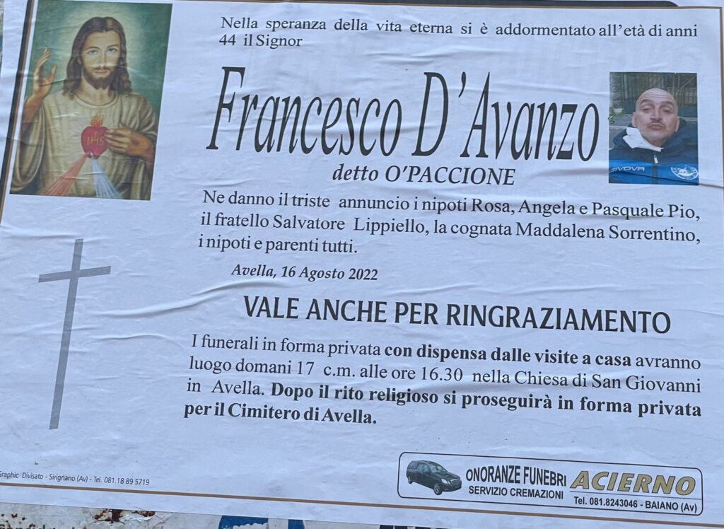 NON E PIU. Avella, lutto Francesco DAvanzo anni 44 NON E PIU. Avella, lutto Francesco DAvanzo anni 44