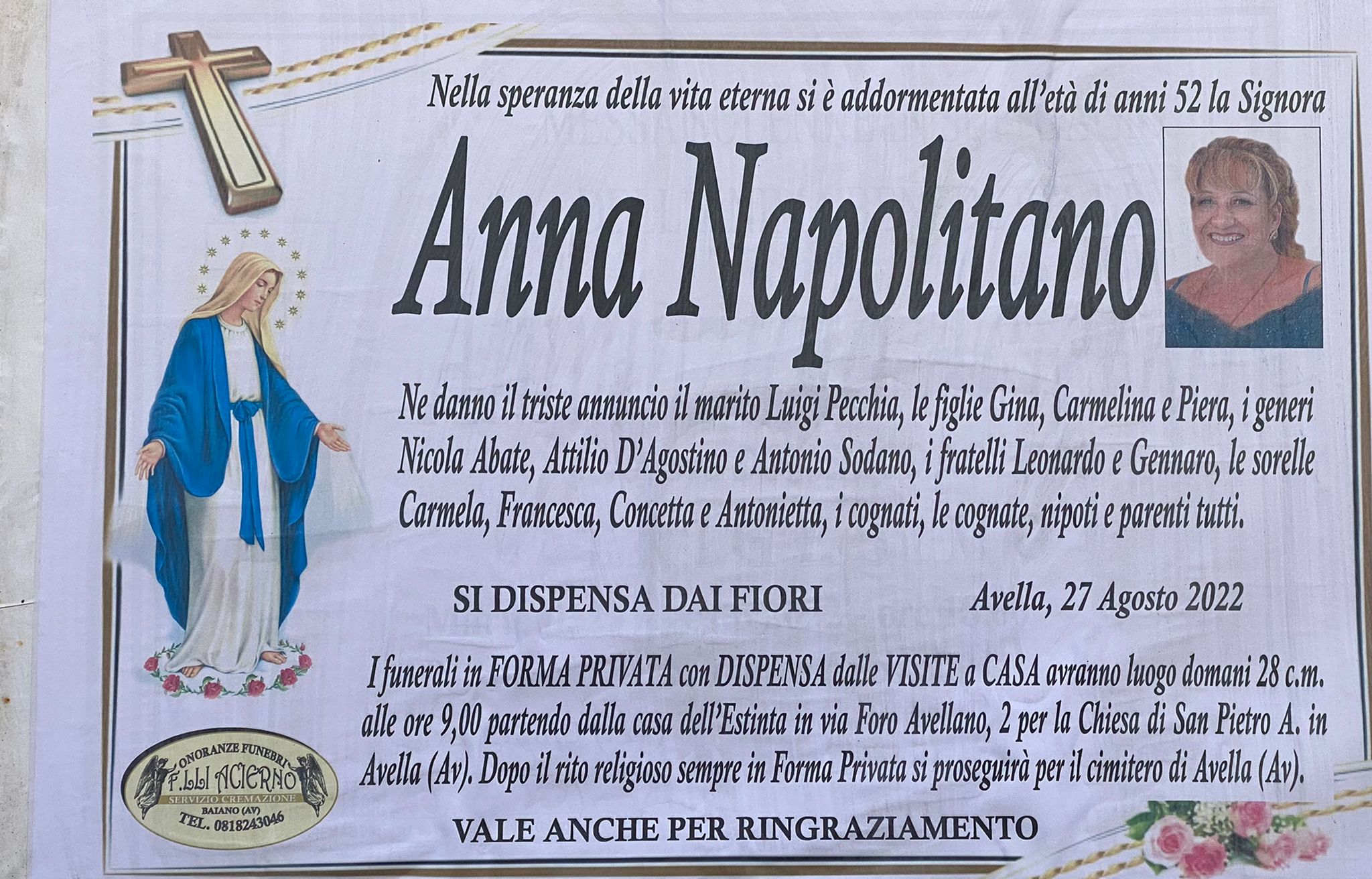NON E PIU. Avella, lutto Anna Napolitano   anni 52
