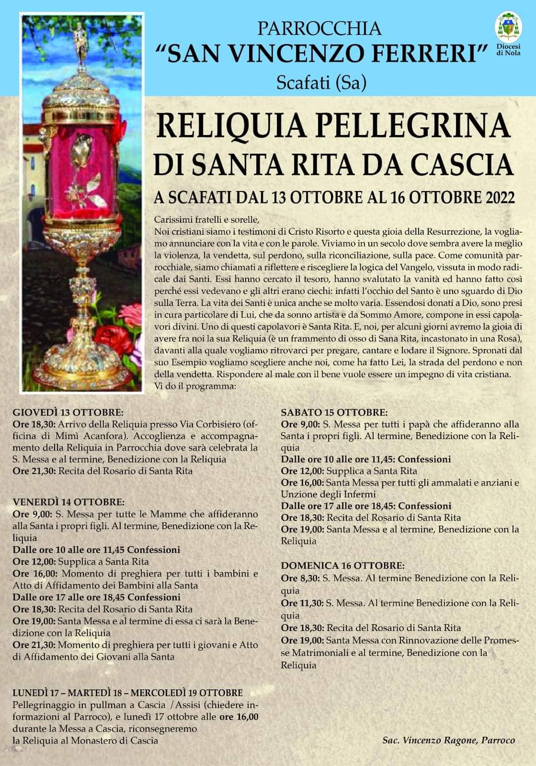 SCAFATI. Nella Parrocchia di San Vincenzo Ferrari arriva la reliquia Pellegrina di Santa Rita da Cascia