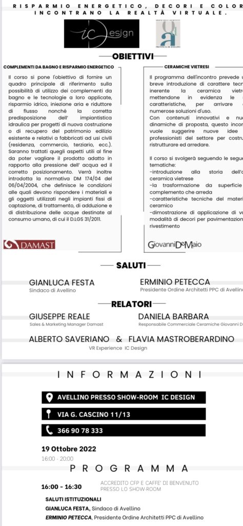 Risparmio energetico, colori e decori incontrano la realtà virtuale” l’evento formativo per architetti e professionisti del settore programmato per il 19 Ottobre Risparmio energetico, colori e decori incontrano la realtà virtuale” l’evento formativo per architetti e professionisti del settore programmato per il 19 Ottobre