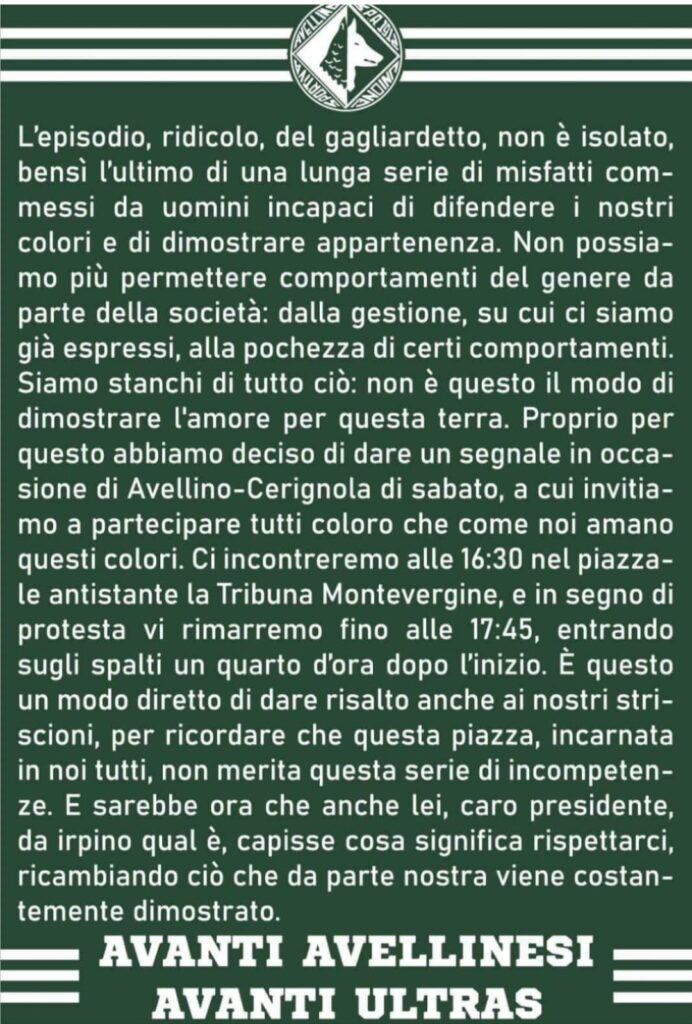 Domani la Curva Sud, in occasione di Avellino Audace Cerignola, entrerà con 15 di ritardo. Il caso del gagliardetto non è andato giù