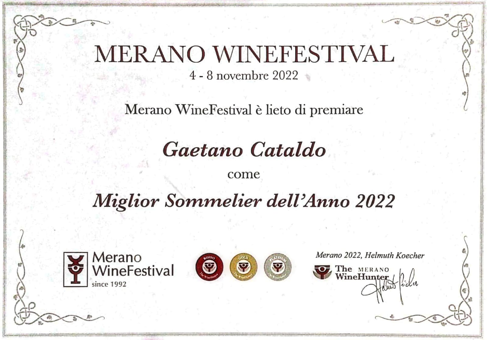 Gaetano Cataldo eletto Miglior Sommelier 2022 al Merano Wine Festival