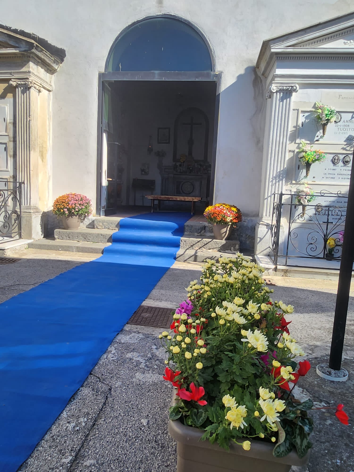 TUFINO. Accoglienza sbalorditiva al cimitero, un look esclusivo: fiori, tappeto blu e la musica di arpe e violini TUFINO. Accoglienza sbalorditiva al cimitero, un look esclusivo: fiori, tappeto blu e la musica di arpe e violini