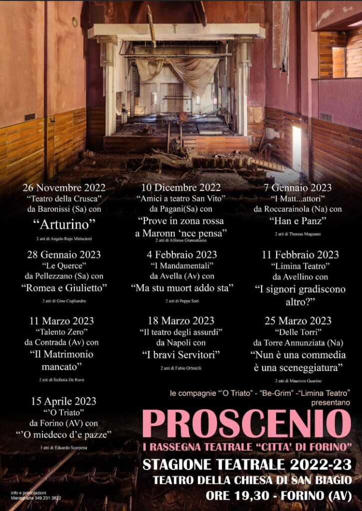 Forino (Av): Prende il via la Prima Grande Rassegna Teatrale Città di Forino presentata dalle Compagnie O Triat, Be Grim, Limina Teatro. Si parte il 26 Novembre. Forino (Av): Prende il via la Prima Grande Rassegna Teatrale Città di Forino presentata dalle Compagnie O Triat, Be Grim, Limina Teatro. Si parte il 26 Novembre.