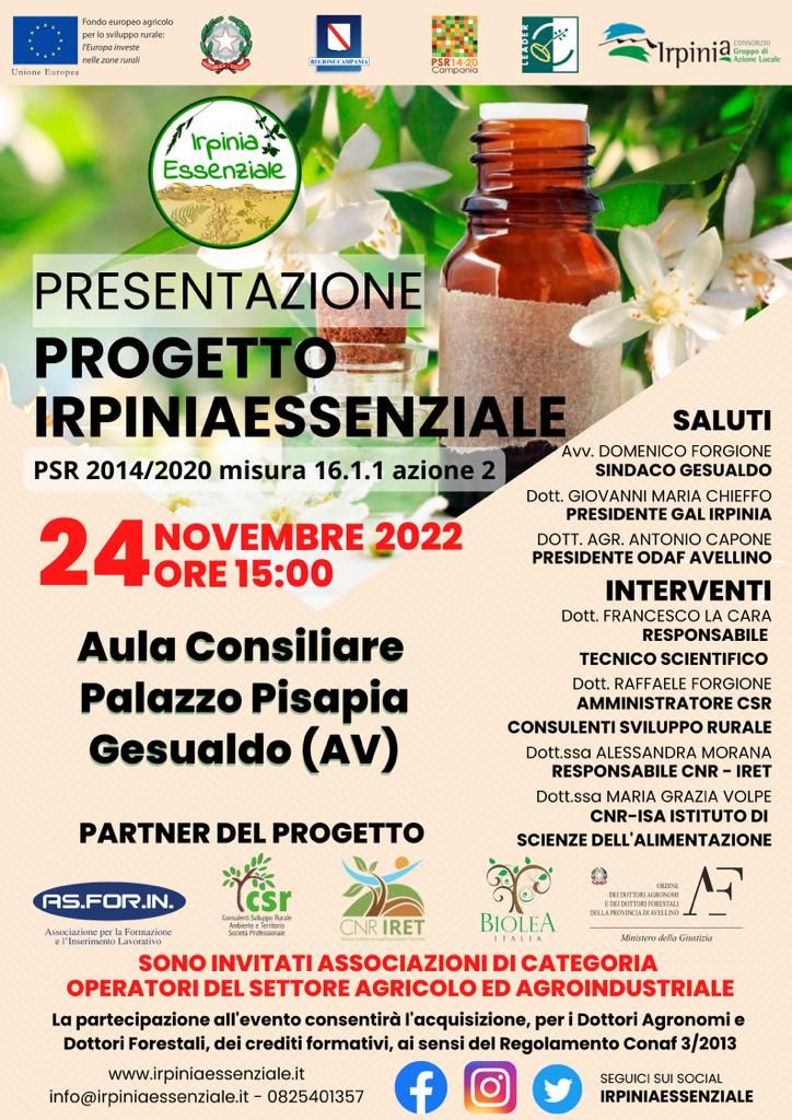 GESUALDO (AV). Presentazione obiettivo e risultati preliminari progetto Irpinaessenziale,  PSR Campania. Azione 2 “Sostegno ai POI”