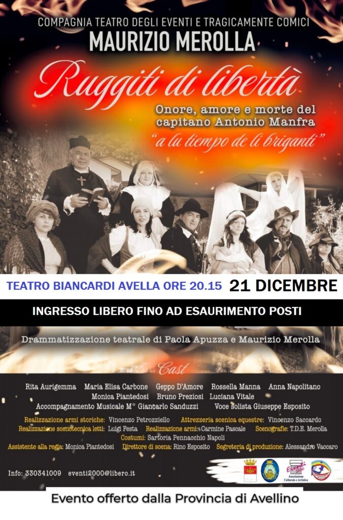AVELLA.Mercoledì 21 dicembre in scena al Biancardi Ruggiti di Libertà, ingresso gratuito.
