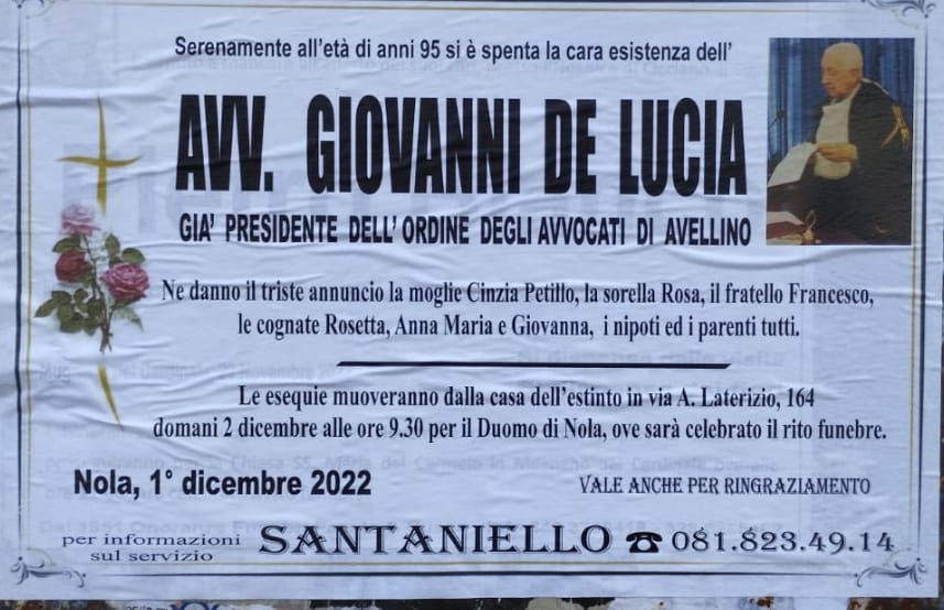 NON E PIU. NOLA, lutto Avv. Giovanni De Lucia, già presidente dellordine degli avvocati di Avellino