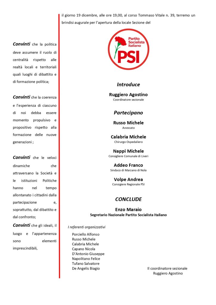 NOLA. Apre la Sezione locale del Partito Socialista Italiano