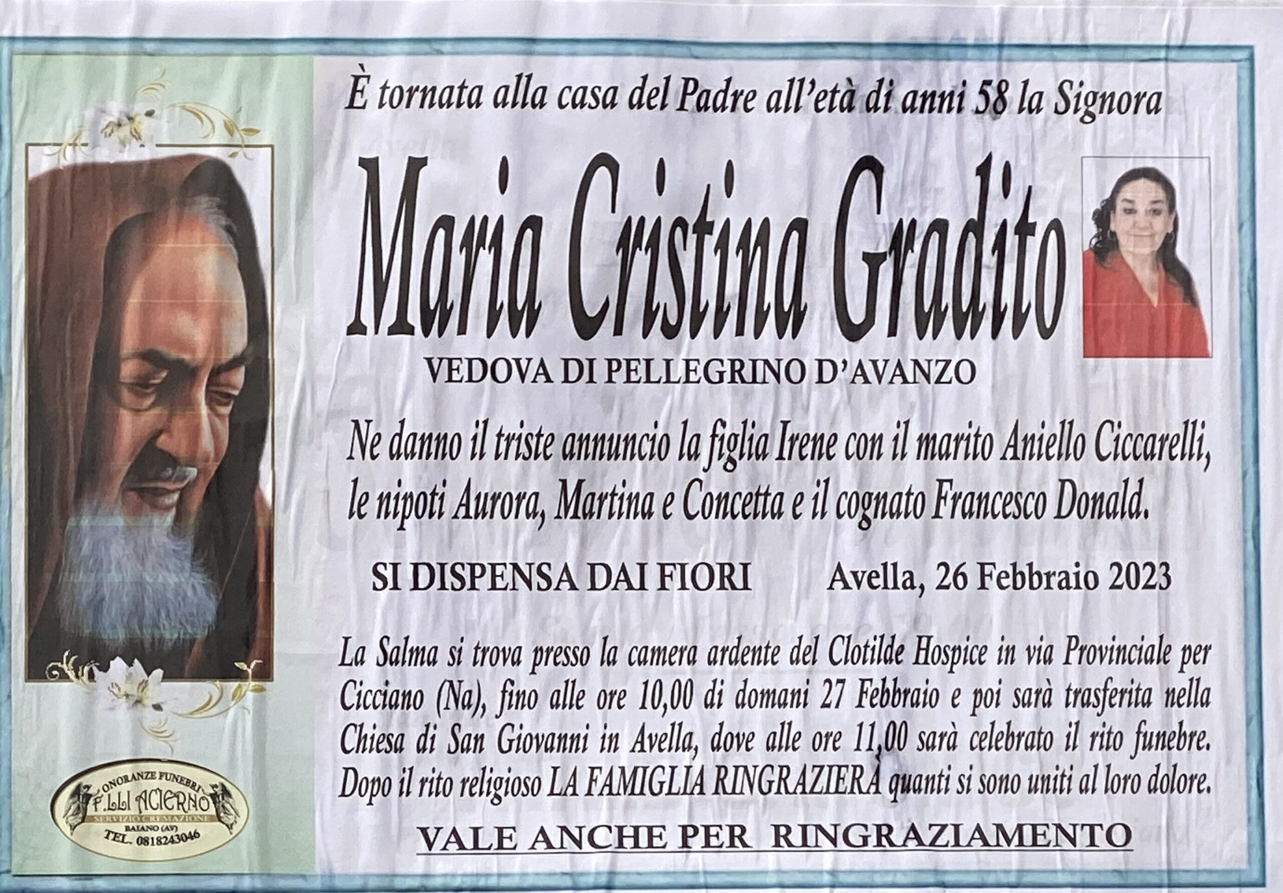 NON È PIU’. Avella lutto Maria Cristina Gradito