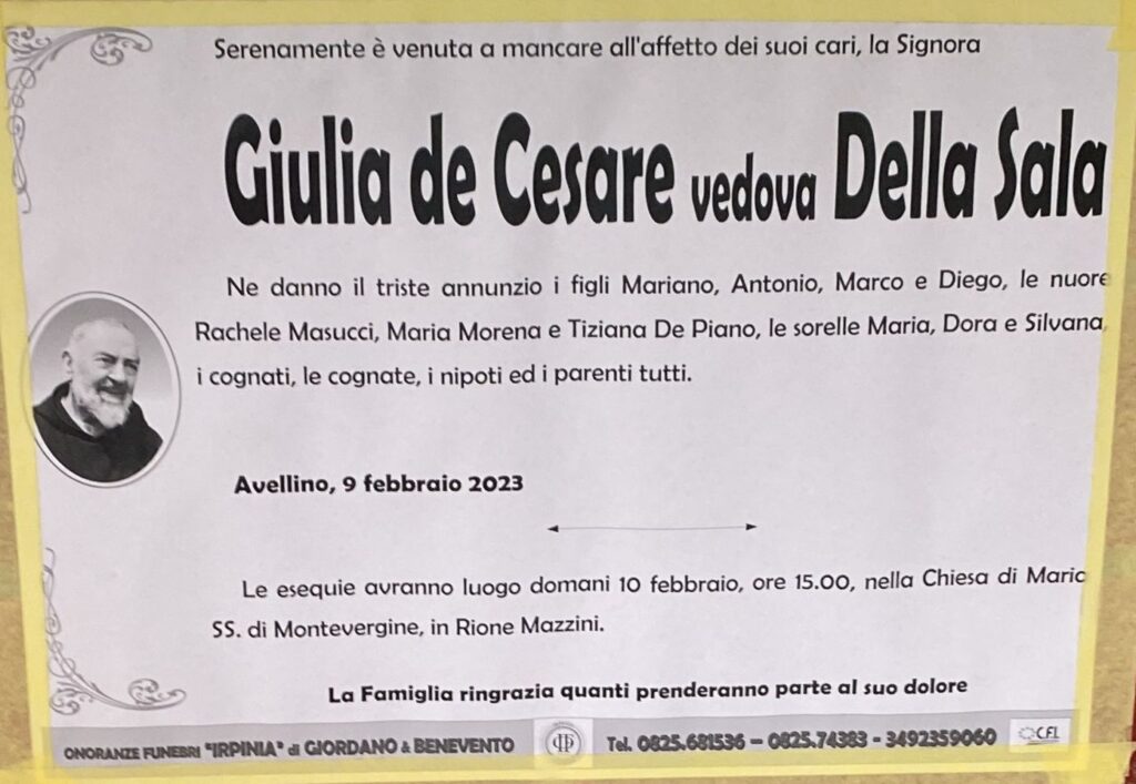 NON E PIU. Avellino, lutto Giulia de Cesare, vedova Della Sala