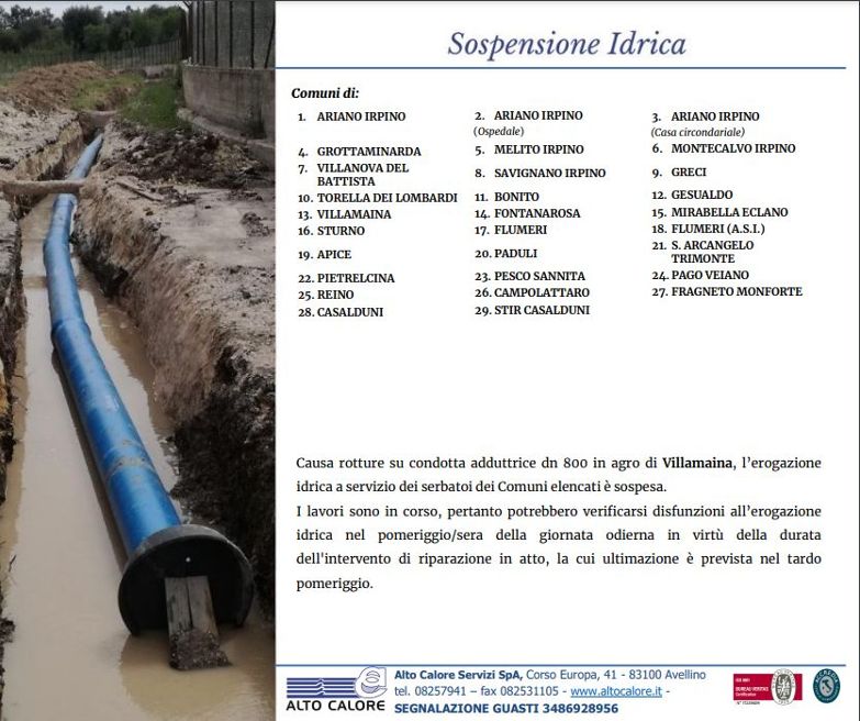 ALTO CALORE SERVIZI. Guasto alla conduttura, comuni senza acqua ALTO CALORE SERVIZI. Guasto alla conduttura, comuni senza acqua