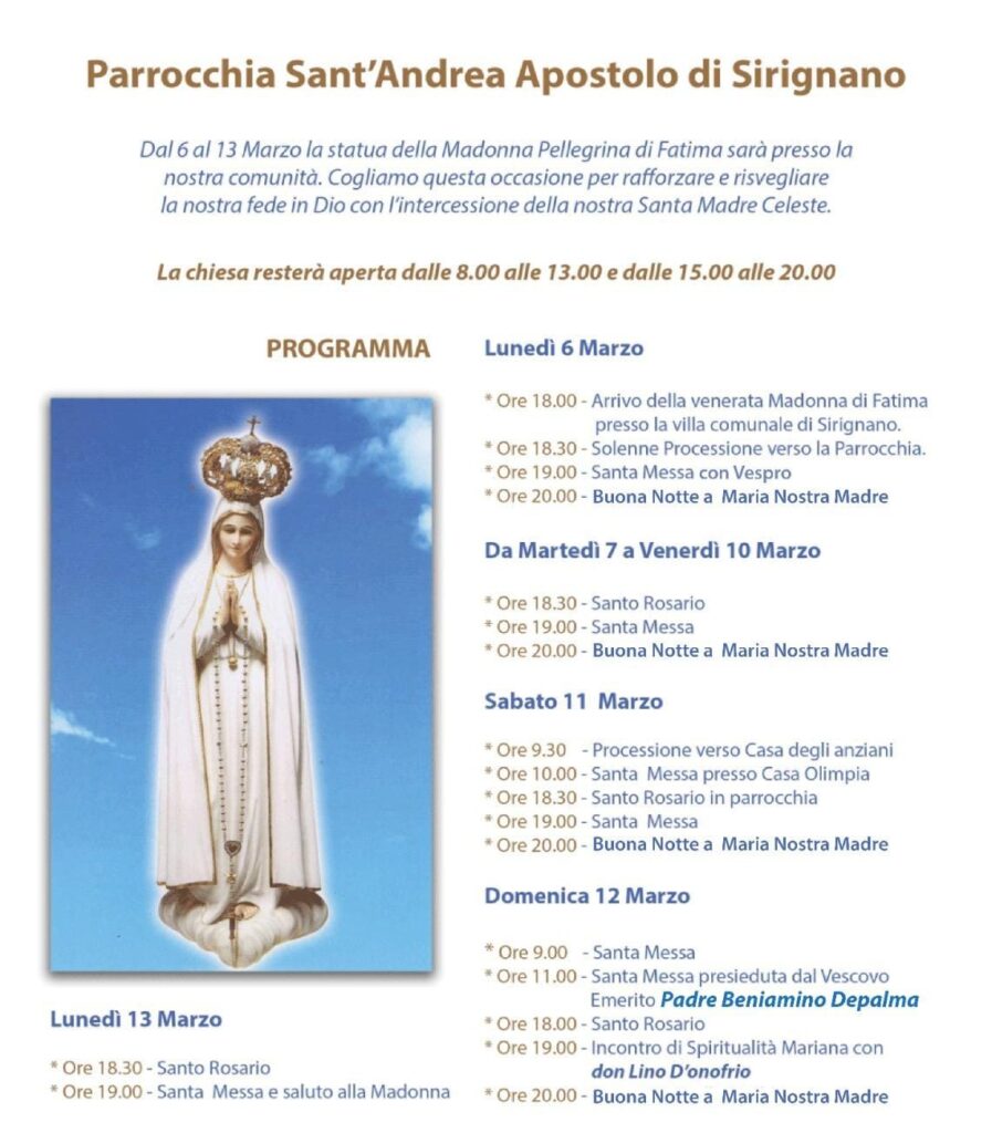 SIRIGNANO. Dal 6 al 13 marzo la statua della Madonna di Fatima in paese. Il programma