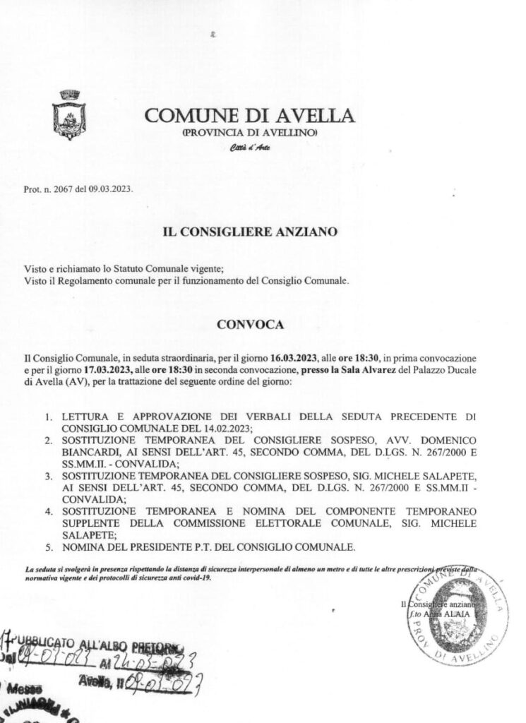 AVELLA. Convocato il consiglio comunale, entrano due nuovi consiglieri che sostituiranno i sospesi Biancardi e Salapete