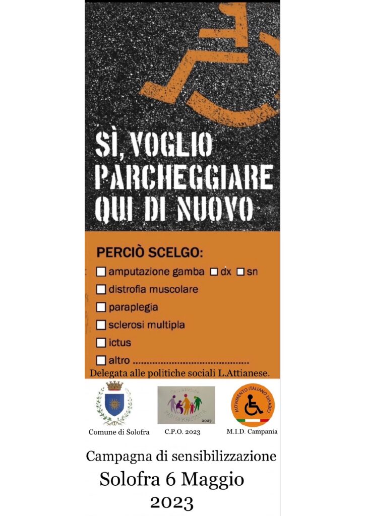 Comune di Solofra Assessorato Politiche Sociali e Pari Opportunità, Commissione Pari Opportunità e M.I.D. insieme per Campagna di Sensibilizzazione “Sì Voglio Parcheggiare Qui Di Nuovo”
