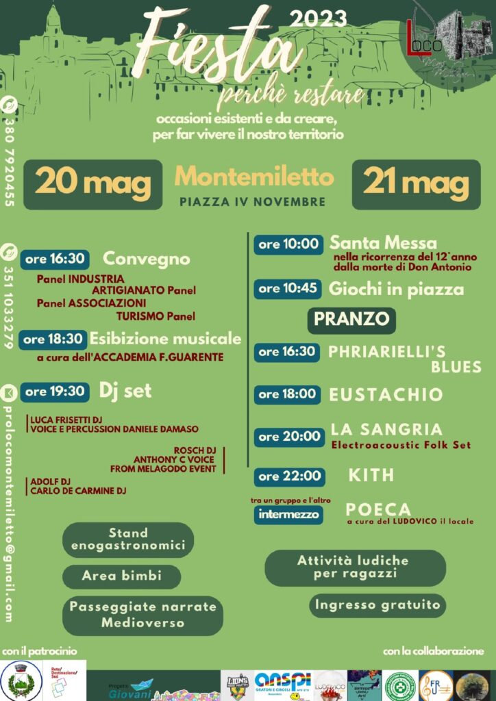 L’evento FIESTA: PERCHÉ RESTARE, rinviato a causa di avverse previsioni meteo, torna con nuove date precisamente il 20 ed il 21 Maggio, in Piazza IV Novembre a Montemiletto (AV). L’evento FIESTA: PERCHÉ RESTARE, rinviato a causa di avverse previsioni meteo, torna con nuove date precisamente il 20 ed il 21 Maggio, in Piazza IV Novembre a Montemiletto (AV).