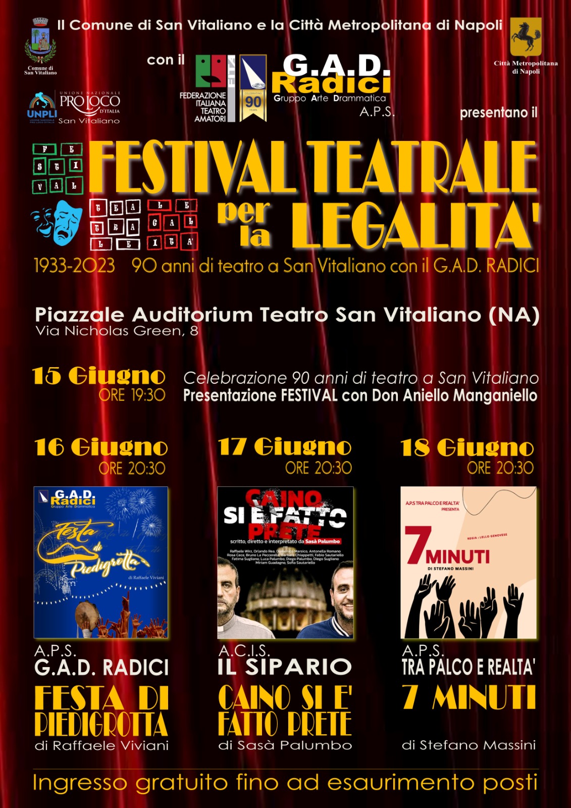 SAN VITALIANO (NA). Ecco il Festival teatrale della Legalità per i 90 anni della nascita del teatro in città SAN VITALIANO (NA). Ecco il Festival teatrale della Legalità per i 90 anni della nascita del teatro in città