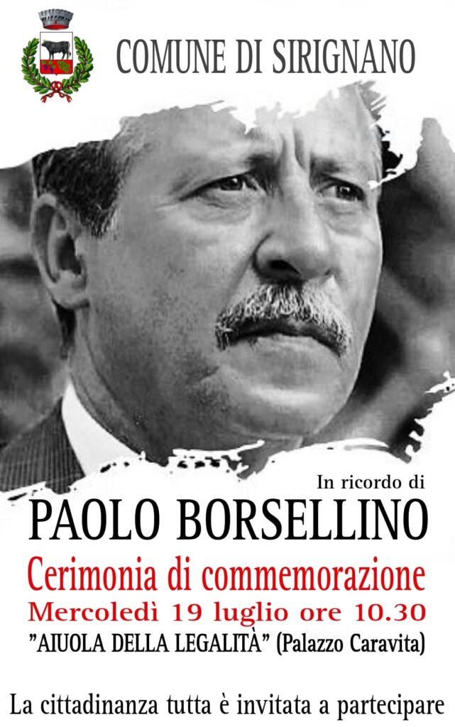 SIRIGNANO (AV). Il 19 luglio nel palazzo Caravita cerimonia di commemorazione di Paolo Brosellino
