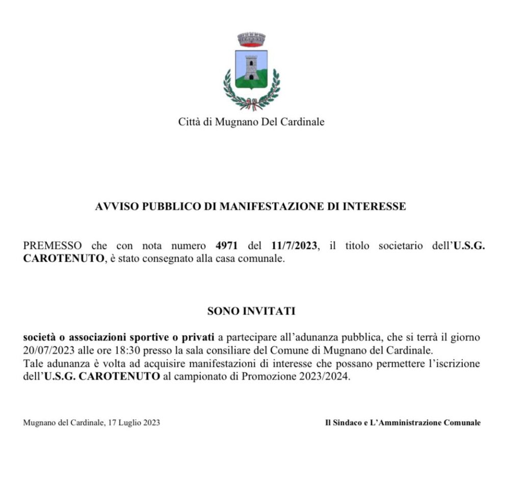 MUGNANO. A.A.A. Cercasi presidente per USG Carotenuto. Avviso pubblico di manifestazione di interesse