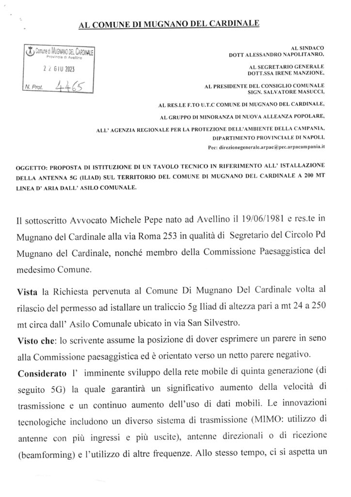MUGNANO DEL CARDINALE. Installazione di antenna 5G a pochi passi da scuola. Pepe (PD) chiede tavolo tecnico, la richiesta è disattesa