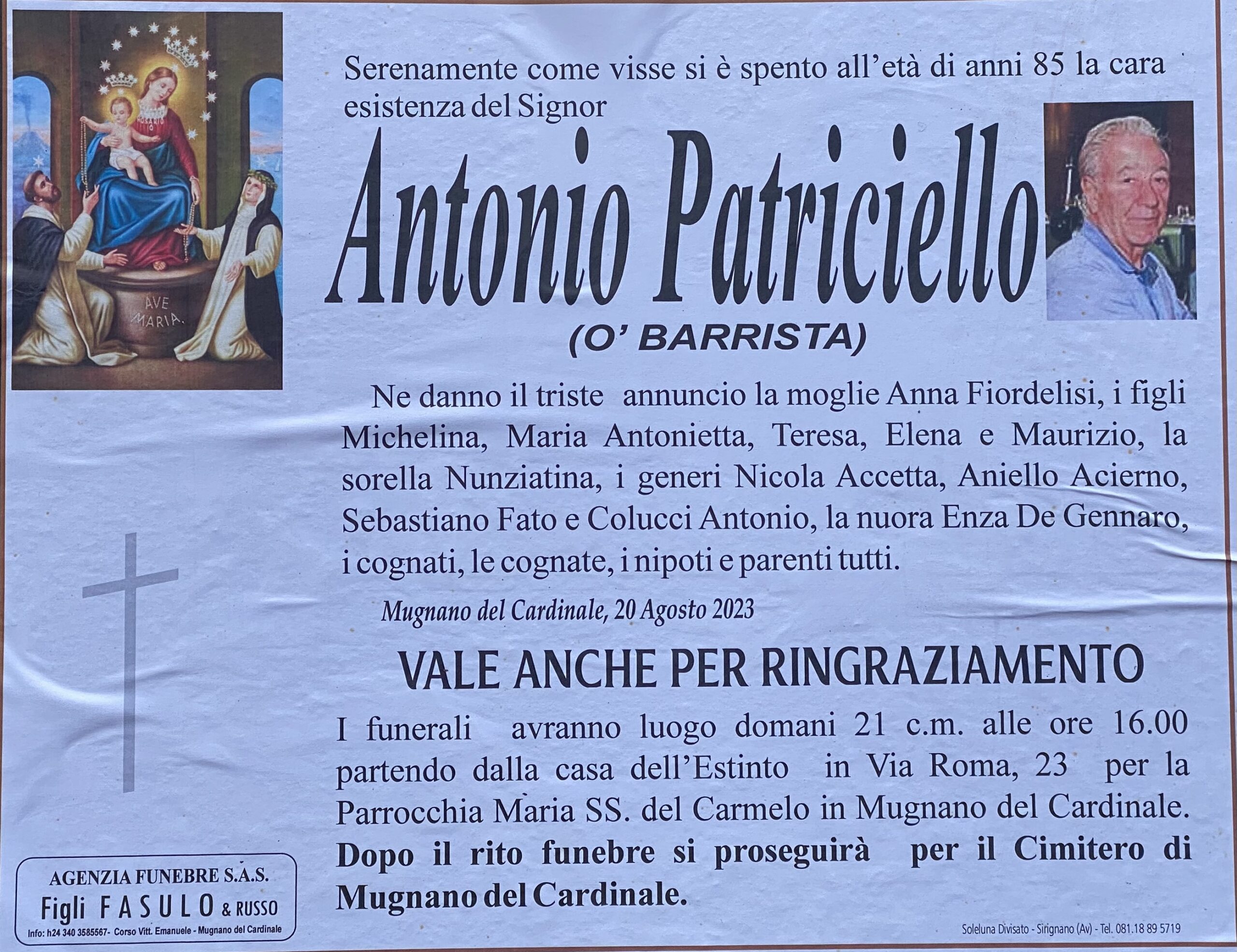NON È PIÙ’. Mugnano del Cardinale, lutto Antonio Patriciello ‘O Barrista NON È PIÙ’. Mugnano del Cardinale, lutto Antonio Patriciello ‘O Barrista