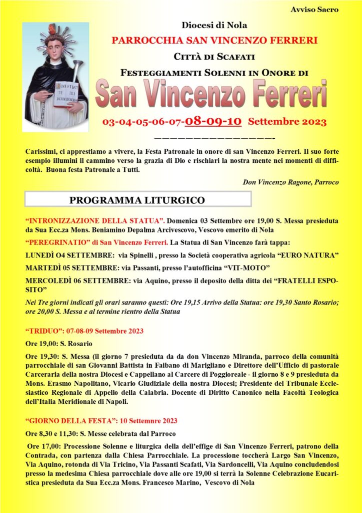 Ritorna la Festa in onore di san Vincenzo Ferreri in Scafati.