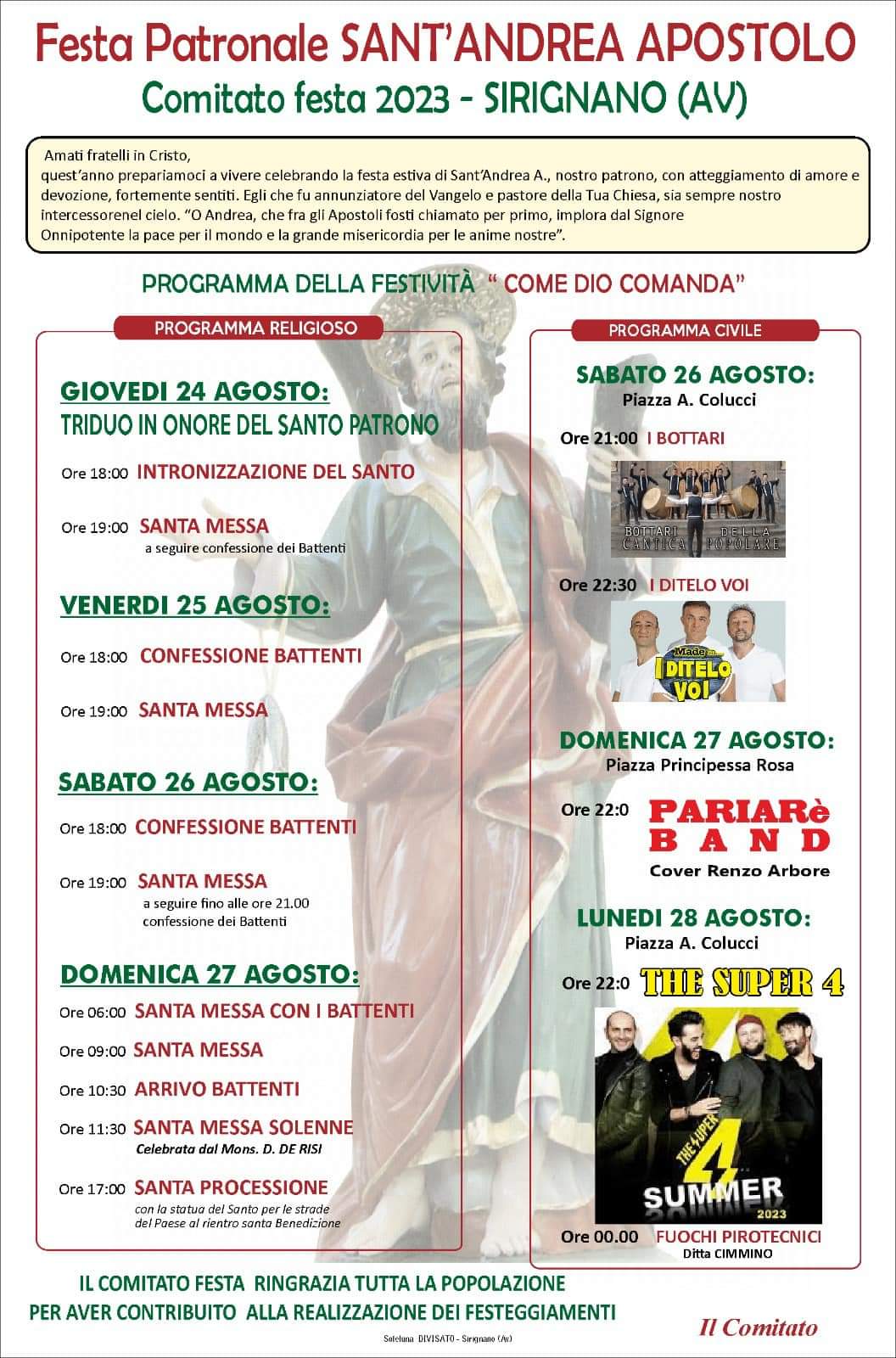 SIRIGNANO (AV). Tutto pronto per la festa patronale in onore di SantAndrea Apostolo SIRIGNANO (AV). Tutto pronto per la festa patronale in onore di SantAndrea Apostolo