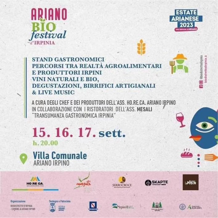 Ariano Bio Festival d’Irpinia, parte il weekend all’insegna dei percorsi guidati tra degustazioni e musica dal vivo nel magnifico scenario della Villa Comunale