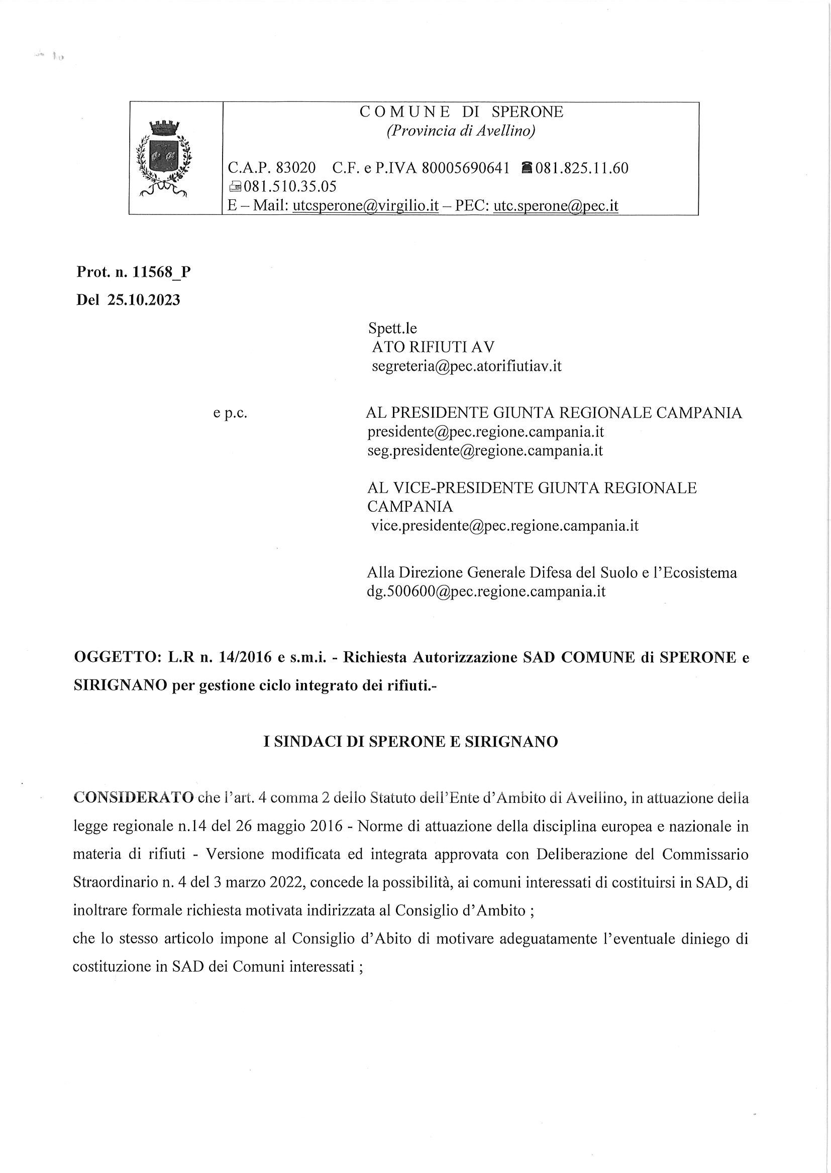 BAIANESE. Sperone e Sirignano formalizzano la richiesta per la costituzione di un Sub Ambito Distrettuale per la gestione dei rifiuti
