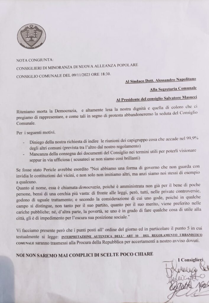 MUGNANO.  Il Gruppo di Opposizione abbandona il Consiglio Comunale e passa la palla alla Procura della Repubblica