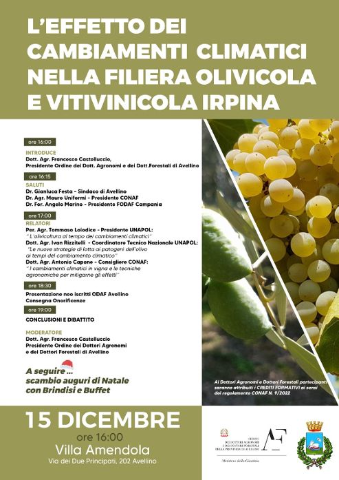 Ordine Agronomi Avellino Leffetto dei cambiamenti climatici nella filiera olivicola e vitivinicola irpina, convegno a Villa Amendola Ordine Agronomi Avellino Leffetto dei cambiamenti climatici nella filiera olivicola e vitivinicola irpina, convegno a Villa Amendola
