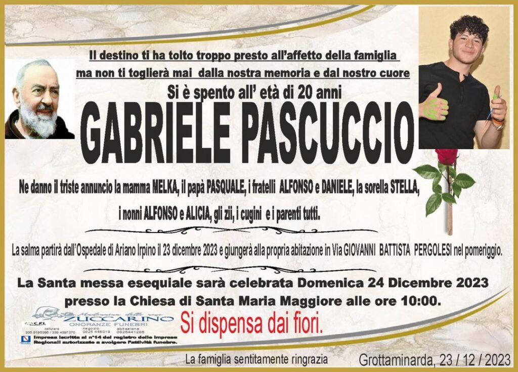GROTTAMINARDA. Domani i funerali di Gabriele, il 20enne morto in incidente stradale